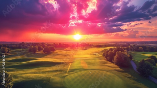 Aerial view of dramatic sunset or sunrise and colorful sky over golf field