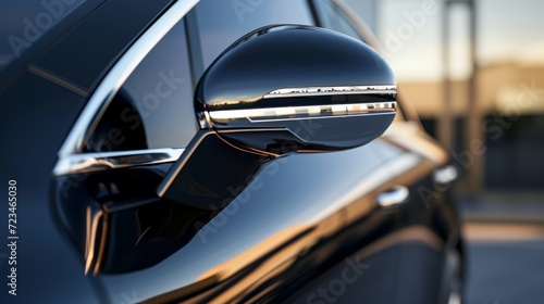 A closeup of the side mirror reveals a chrome accent trim around the base adding a touch of elegance to the cars exterior.