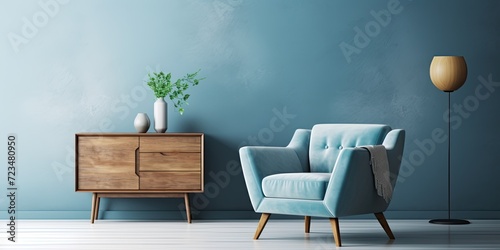 Blue armchair with wooden cupboard in bedroom interior, along with couch and gallery.