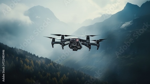 Drone flies over the mountains. Generate AI image