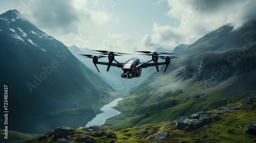 Drone flies over the mountains. Generate AI image
