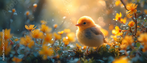 Small Yellow Bird Sitting in a Field of Yellow Flowers
