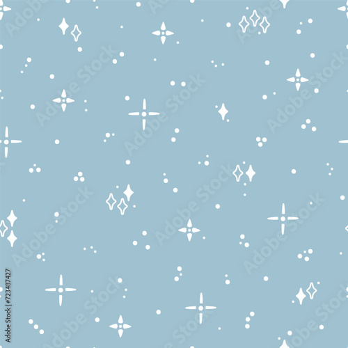 Star Seamless Cute Pattern. Starry Sky Blue White Background. Festive Stars Wallpaper. Holiday and Birthday Party Design. Vector illustration.
