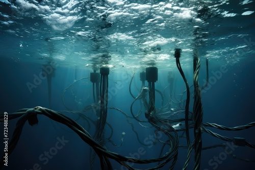 Underwater landscape with electric cables and wires in deep blue sea. submarine communications cable. international underwater Internet cable. telecom and broadband outage.