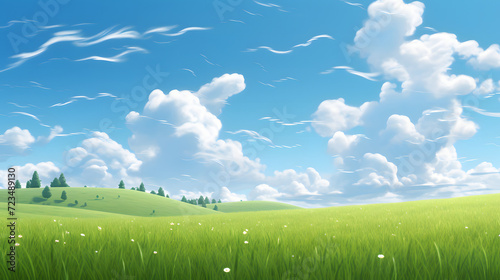 Illustration background, Beautiful grassy fields and summer blue sky with fluffy white clouds in the wind