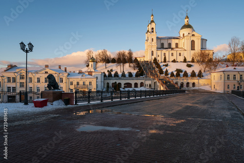 View of the Holy Spirit Monastery and the Holy Dormition Cathedral on the Assumption Mountain on a winter day from Pushkin Street, Vitebsk, Belarus
