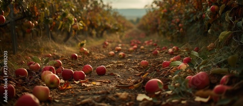 In autumn, an apple orchard in the countryside has fallen and rotting fruits on the ground.