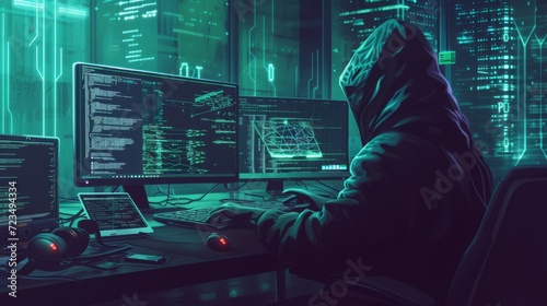 a hiding professional hacker with a hoodie not showing his face hacking illegally. wallpaper background