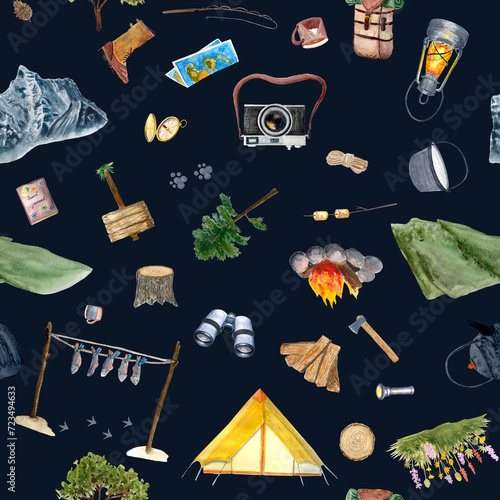 Watercolor adventure camping seamless multidirectional pattern on darn blue background