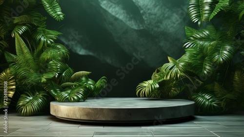 Podium beauty minimal display stage stand summer fashion abstract luxury plant. Minimal podium background texture green beauty shadow banner mockup wall stone leaf showcase cosmetic wallpaper sale art