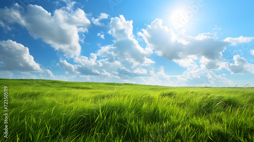 Illustration background, Beautiful grassy fields and summer blue sky with fluffy white clouds in the wind