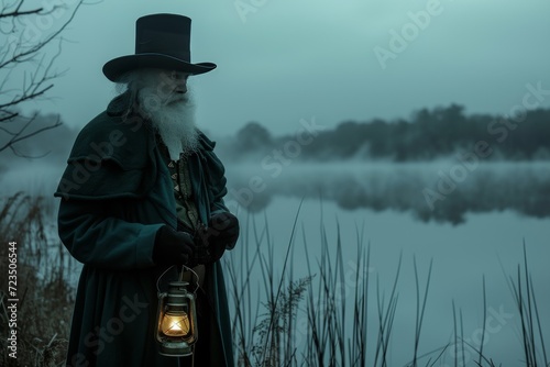 Atmospheric photo of a man as a leprechaun, standing by a foggy lake at dawn. He's in traditional attire with a lantern in hand, looking contemplative. 
