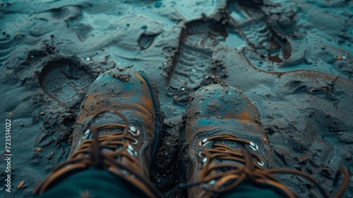 Muddy boots on a migrant trail, a close-up showing the gritty reality of the arduous trek.