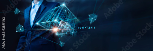 Blockchain technology, Businessman touch blockchain icon on structure global network. Chain of encrypted blocks to secure of business data information of global connected. security binary coded.