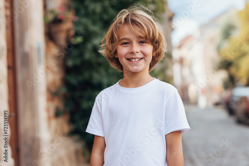 Mockup. Smiling boy in blank white tshirt in the street outdoors. Mock up template for t-shirt design print