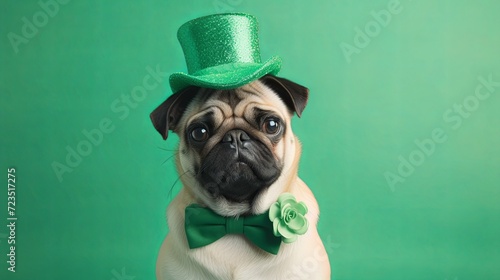 Pug dag fashion costume on green background. St.Patrick’s Day. greeting card. presentation. advertisement. invitation. copy text space.