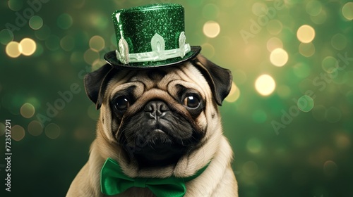 Pug dag fashion green costume on light golden bokeh background. St.Patrick’s Day. greeting card. presentation. advertisement. invitation. copy text space.