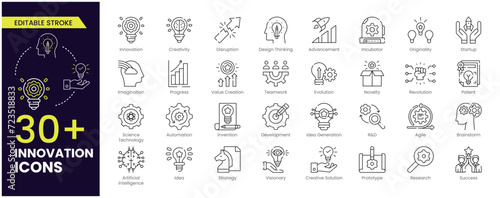 Innovation Stroke icon set. Containing creativity, invention, prototype, Design Thinking, Brainstorm, visionary, idea generation, agile, revolution and more. Editable Stroke line icons collection.