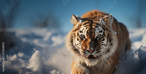 Un tigre de Sibérie marchant dans la neige, image avec espace pour texte.