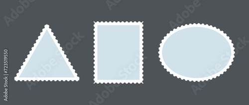 Light blue postage stamp set. Post stamp frames or borders. Round, rectangular, triangle template for mail, postcard, letter. Vintage jagged wavy edge form or object for banner, badge, sticker. Vector
