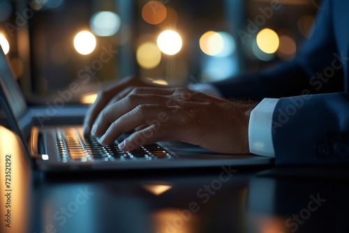 Picture of a businessman's hand using a laptop trackpad, immersed in work. Hand on the trackpad with part of the laptop visible, blurred office setting,