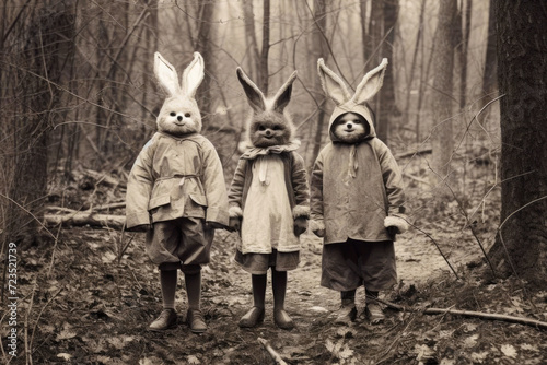 Three children dressed like the Easter bunny for Easter in the early 1900s