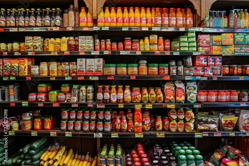 Canned goods and sauces on supermarket shelves