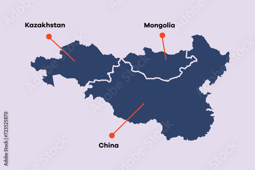 Map of Kazakhstan, Mongolia and China. World map concept. Colored flat vector illustration isolated.