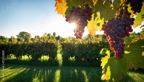 Harvested red grapes on a vine in a lush vineyard, ready for winemaking amidst the vibrant autumn foliage