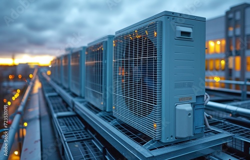 On the roof of an industrial building is an external unit for a commercial HVAC system.