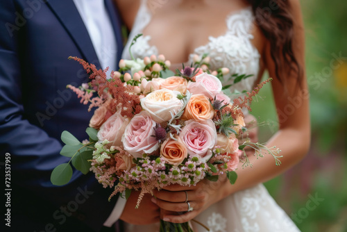 Vibrant Wedding Bouquet Held by Bride. Vibrant and colourful wedding bouquet with a mix of flowers and textures, held by the bride in her elegant gown.