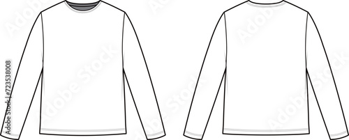 Technical flat sketch of Men's T-shirt. Round neck tee sweatshirt with long sleeve. Vector mock up Template.