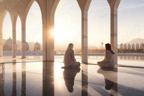 Two People Meditating in a Reflecting Pool within a Sunlit Mosque