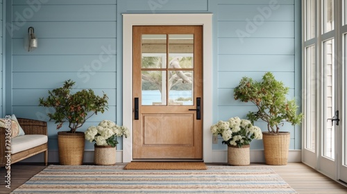 Shiplap walls, a natural fiber rug, and a glorious blue door create the quintessential coastal entryway coastal home interior decorative style element house beautiful design