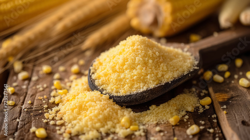 Spoon of cornmeal with kernels on wood.