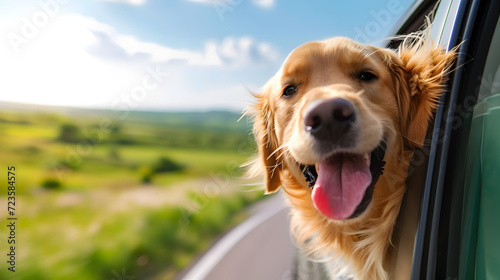 Golden Retriever Puppy Looking Out Car Window with a Smiling Face in travel vacation time