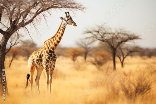 realistics giraffe gracefully navigates its natural habitat on savanna, with its long neck reaching for acacia trees, while peacefully coexisting with other wildlife on African plains
