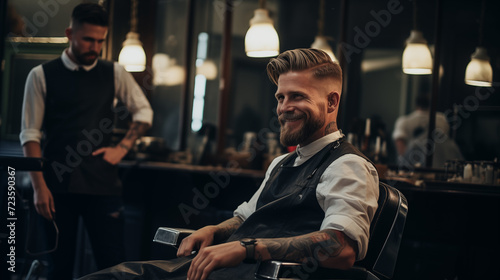 a traditional barber shop, a dapper blue-eyed man sits with poise, surrounded by the rich scents of aftershave and the gentle buzz of clippers