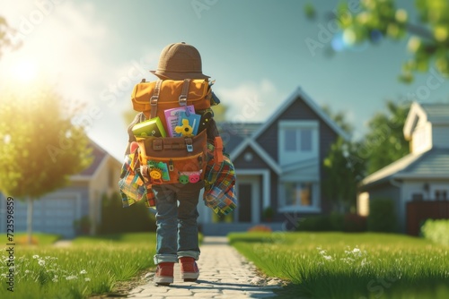 A 3D rendering of a kid student with a big backpack, walking through a suburban neighborhood The backpack is adorned with various school supplies and toys, and the student is walking with a sen