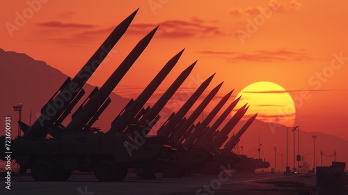 Peaceful dusk falls over military might with missiles poised against a starry sky