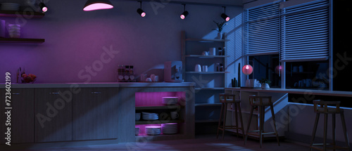 Interior design of a modern spacious dark kitchen at night with RGB neon light.