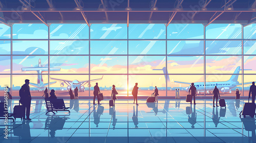 A lively airport terminal buzzing with excitement as travelers embark on their journeys. Large windows offer breathtaking views of airplanes taking off and landing. Cartoon-style illustratio