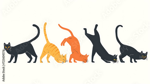 Minimalistic and charming, this organic illustration captures the beauty of multiple cats in various stretching poses. Against a pristine white background, these adorable felines evoke a sen