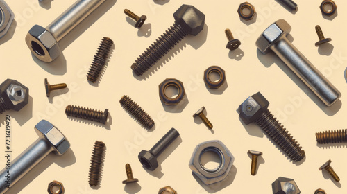 Screws, nuts, cogs, bolts pattern on a beige background.