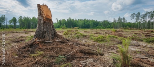 Clearing at forest edge with felled cypress tree, symbolic for logging and tree removal.