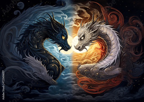 Chinese dragons yin yang silhouette