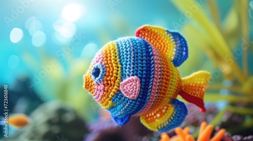 Crocheted angelfish toy vibrant backdrop, handcrafted and adorable, Ai Generated