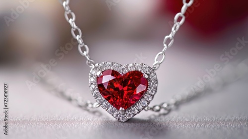 Elegant heart-shaped diamond necklace featuring a striking red stone at its center, Ai Generated