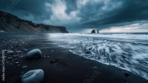 Discover the beauty in nature's drama with a dark and stormy shore, where elegant stones grace the black beach. Nature's artistry. Ai Generated.