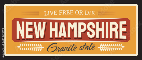 Vintage banner New Hampshire american state, vintage travel plate, vector sign for tourist destination, retro board, antique signboard typography, touristic plaque. Concord capital, Manchester city